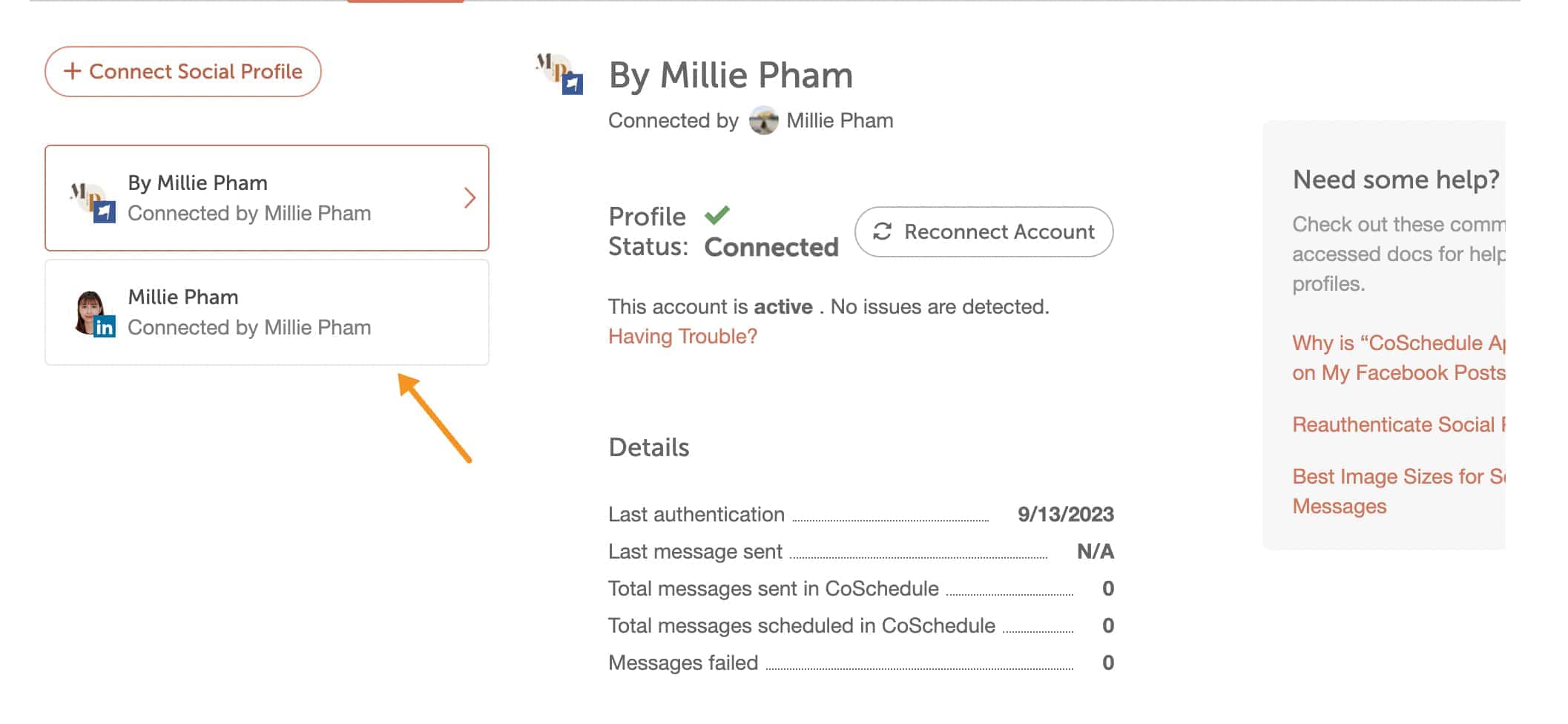 connect Millie Pham linkedin account to coschedule