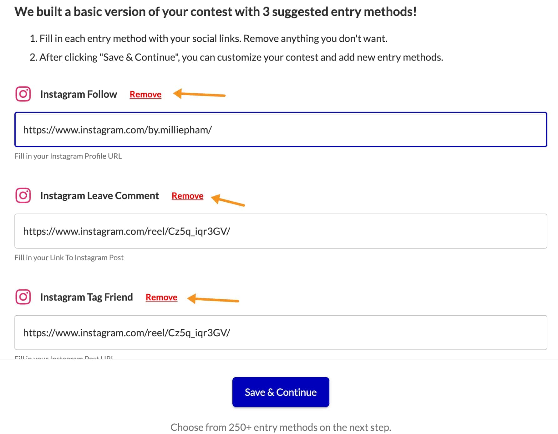 enter your entry methods for giveaways