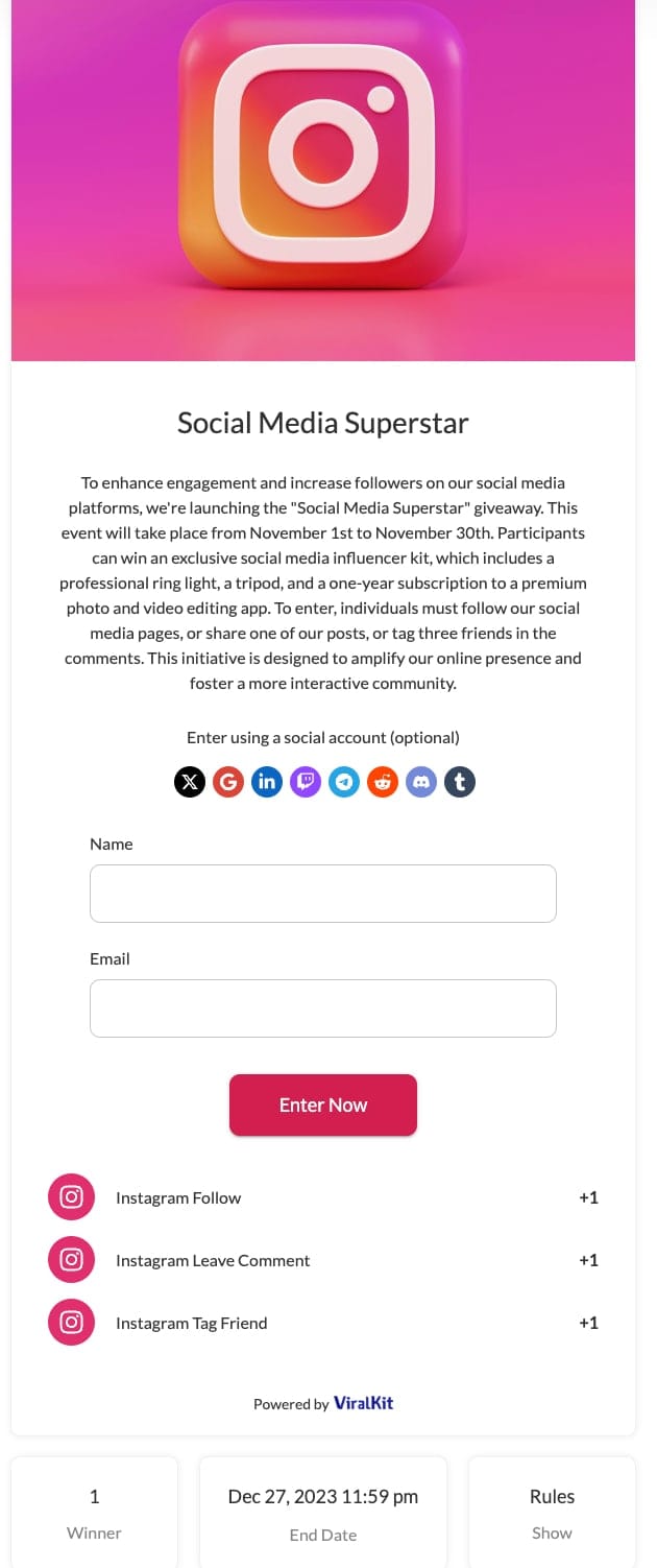 Instagram giveaway created by ViralKit