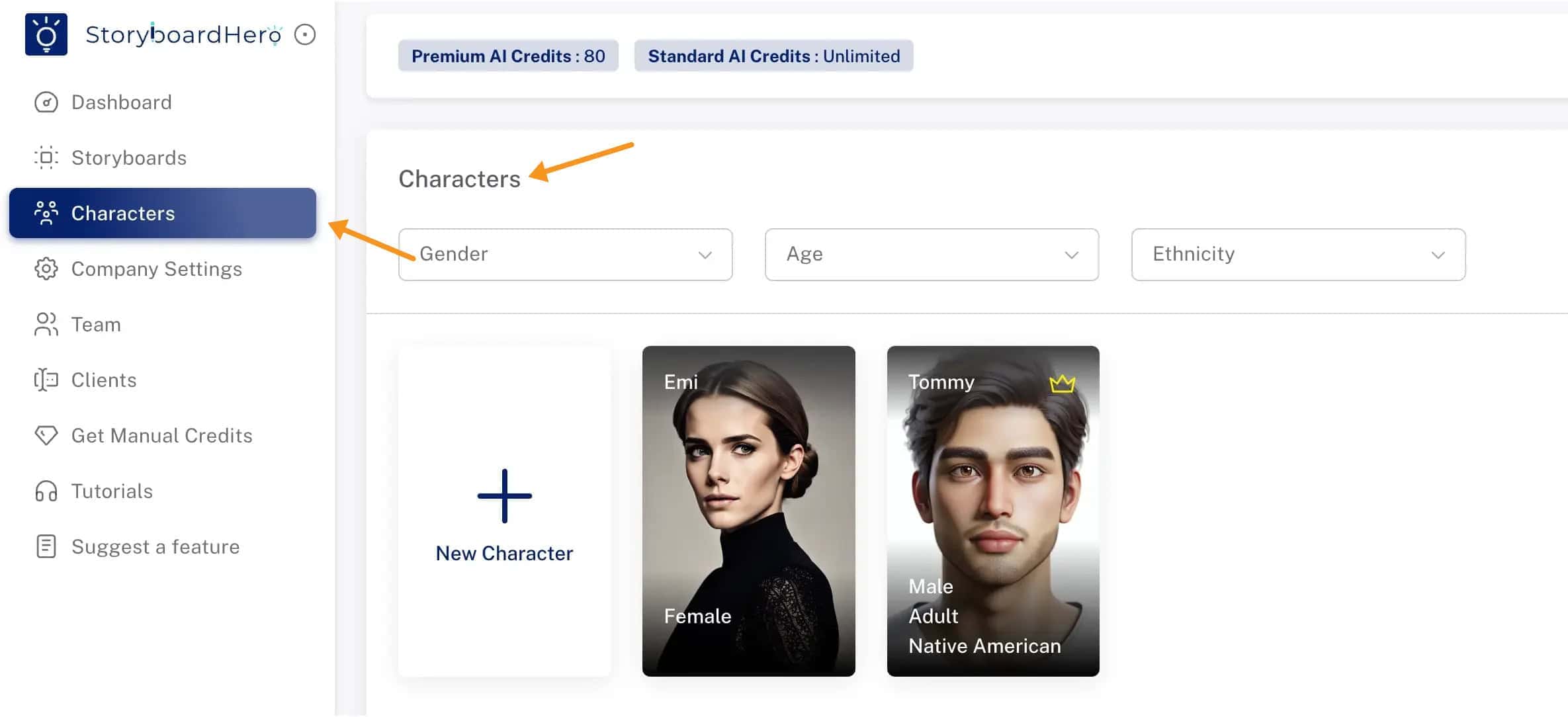 create character feature in Storyboard Hero
